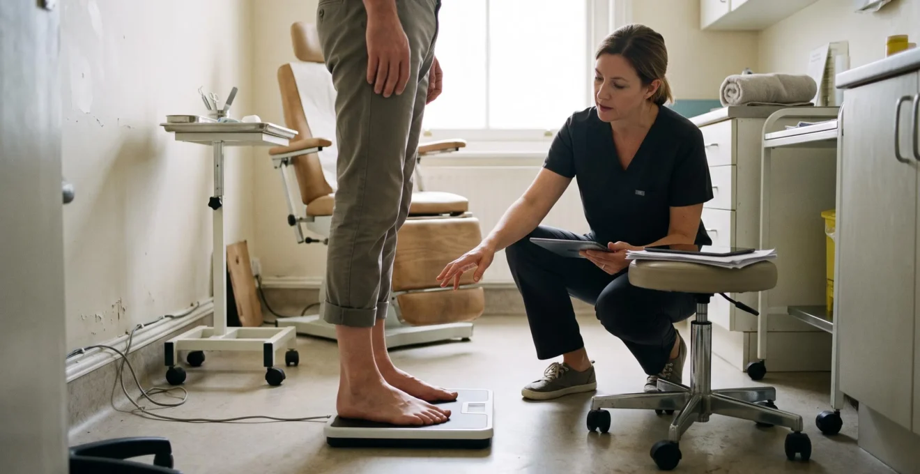 Un podologue observe les pieds nus d'un patient debout sur une plateforme de mesure des pressions dans un cabinet de podologie.