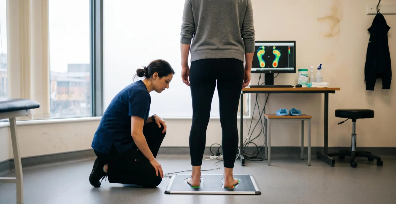 Un patient debout pieds nus sur une plateforme d'analyse de pressions plantaires, observé par un podologue dans un cabinet.