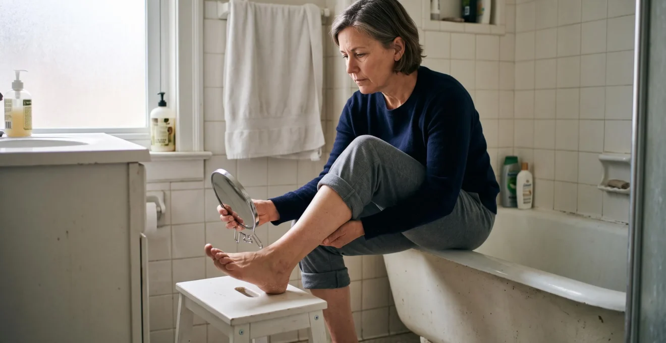 Une personne assise au bord d'une baignoire examine la plante de son pied à l'aide d'un miroir dans une salle de bain lumineuse.
