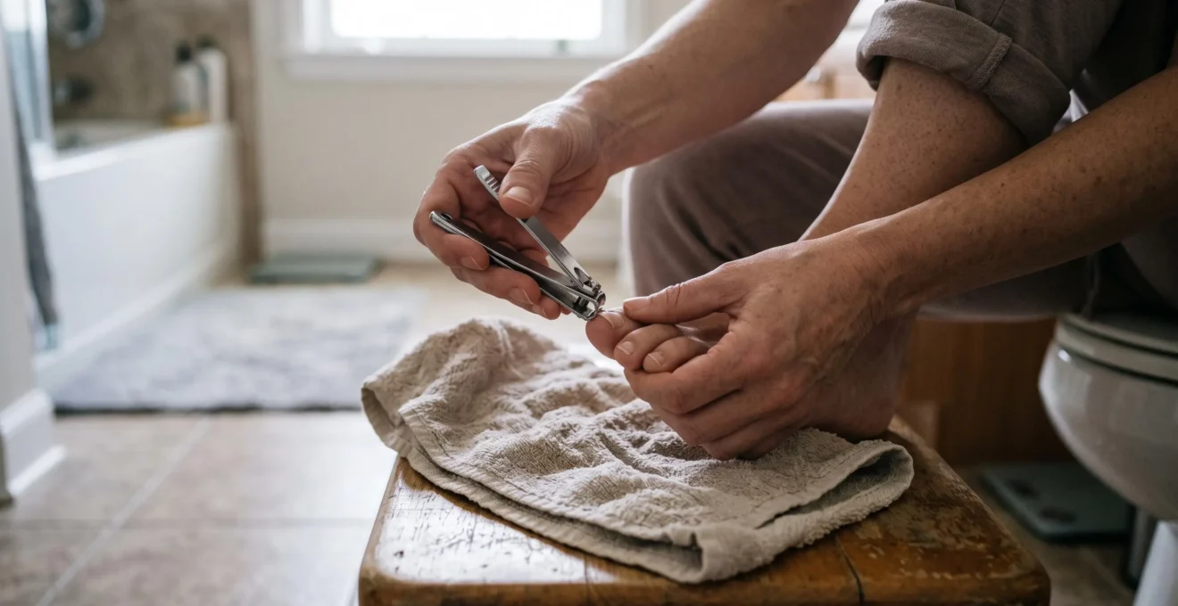 Une personne coupe l'ongle de son gros orteil en ligne droite avec un coupe-ongles, le pied posé sur un tabouret dans une salle de bains.