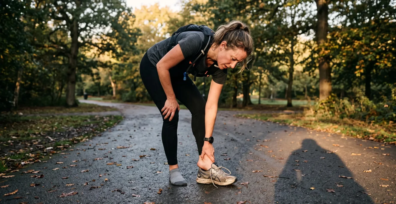 Un coureur s'arrête sur un chemin asphalté et appuie sur la plante de son pied pour vérifier une douleur localisée.