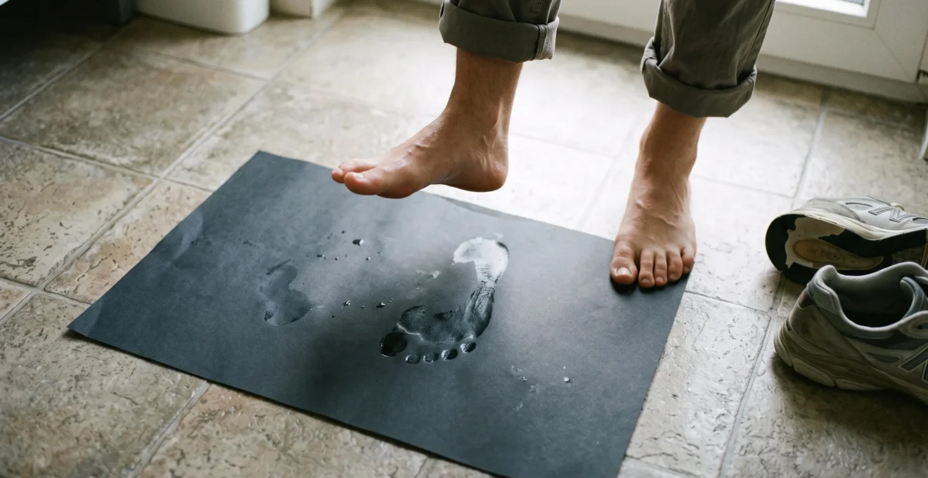Une personne pieds nus observe l'empreinte étroite laissée par son pied creux sur une feuille de papier humide au sol.