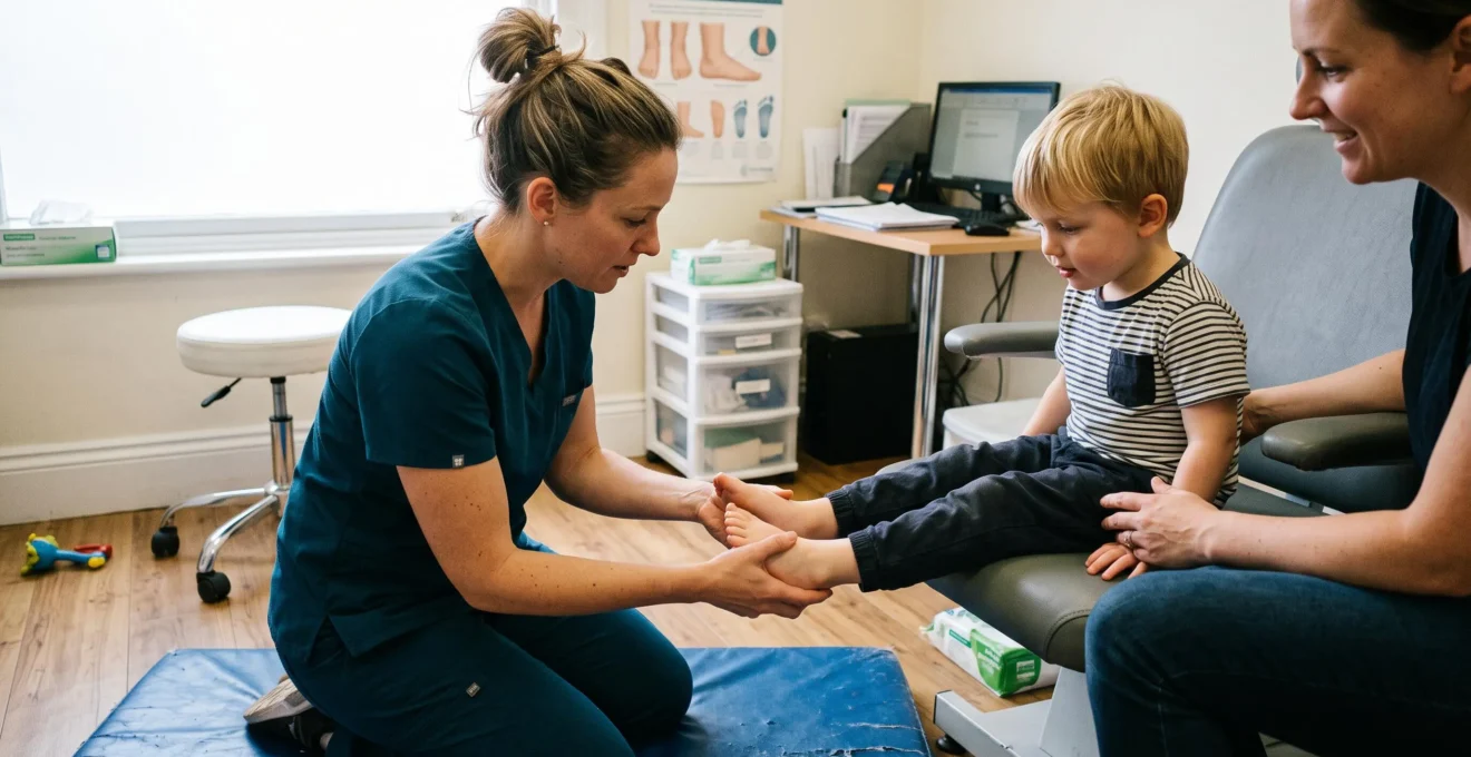 Un professionnel de santé examine les deux pieds nus d'un enfant assis en consultation, tandis qu'un parent l'accompagne.