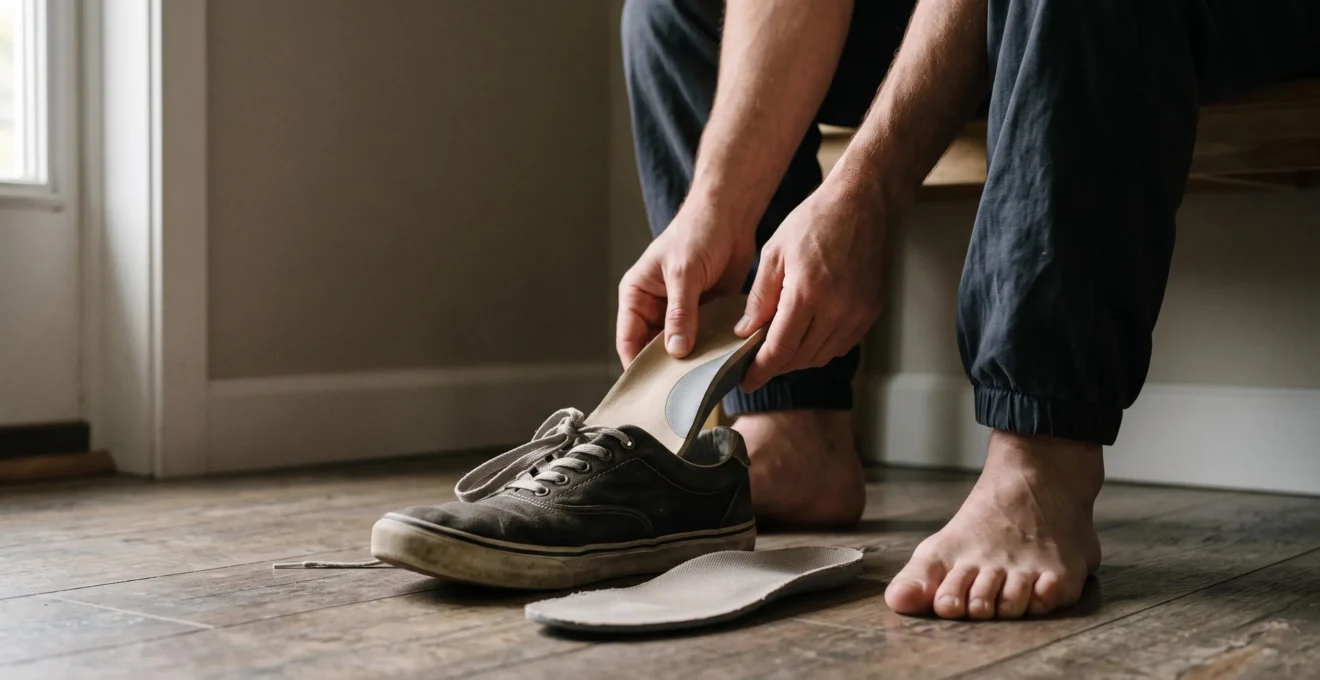 Une personne insère une orthèse amovible dans une chaussure après avoir retiré la semelle d'origine, assise sur un banc d'entrée.