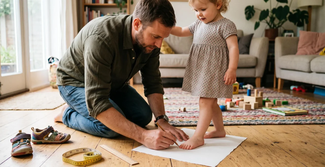 Un parent trace le contour du pied nu d'un jeune enfant debout sur une feuille de papier posée au sol dans un salon