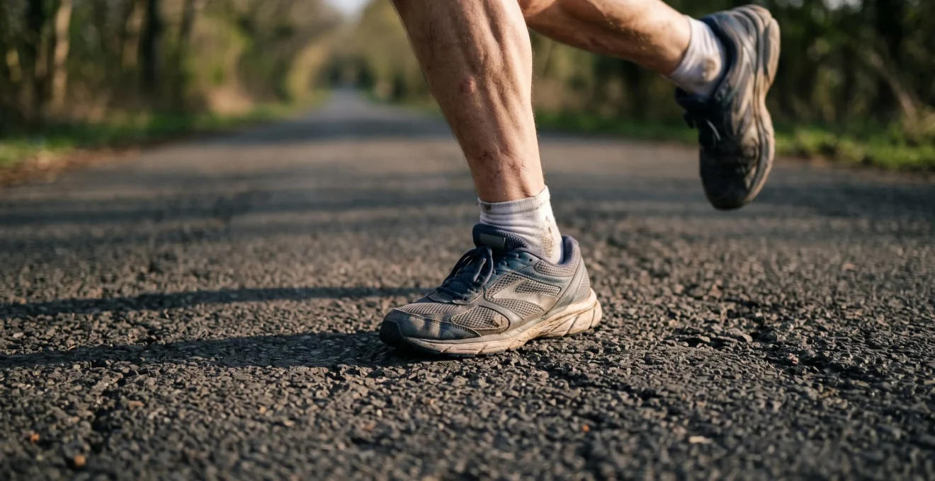 Pied d'un coureur en contact avec le bitume au milieu d'une foulée, montrant l'appui et l'amortissement de la chaussure.