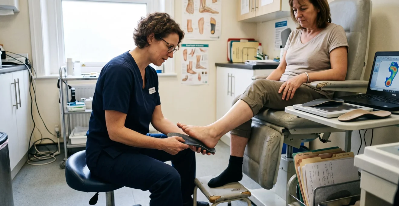 Un podiatre positionne une orthèse plantaire sous le pied d'un patient assis dans une salle de consultation.