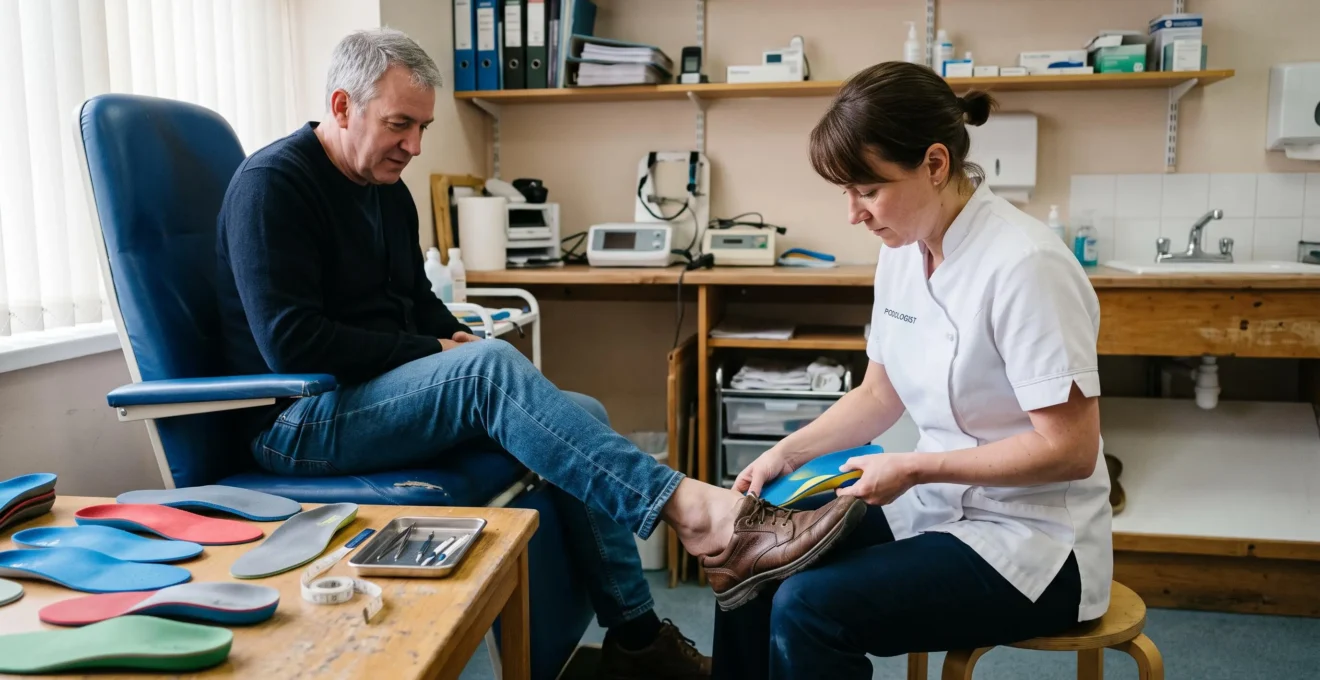 Un podologue ajuste une semelle orthopédique sur le pied d'un patient assis dans un fauteuil d'examen, plusieurs semelles posées sur le plan de travail à côté.