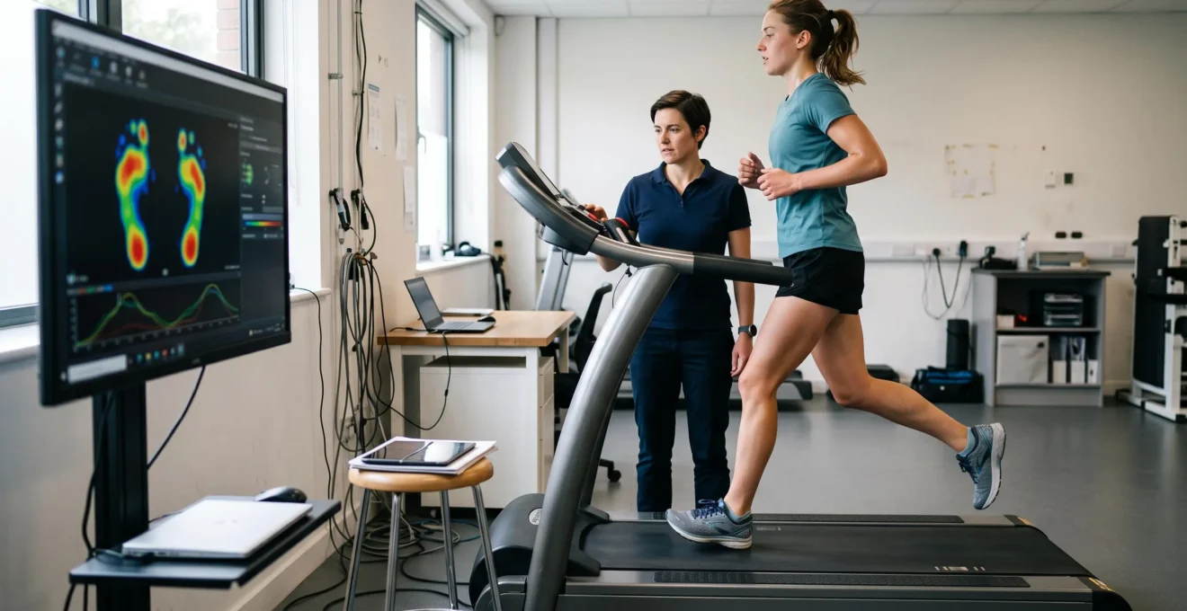 Un podologue observe un coureur dont les appuis sont enregistrés sur un tapis de course instrumenté dans un laboratoire d'analyse de la marche.