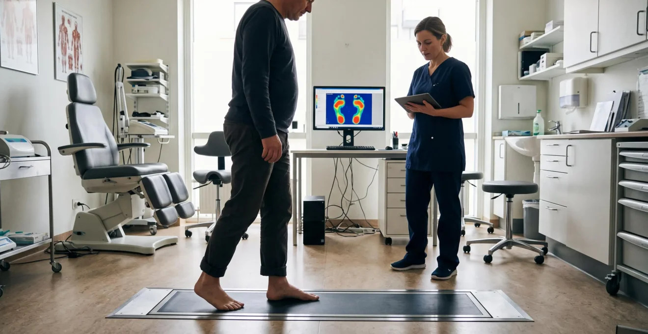 Un podologue observe un patient marchant sur une plateforme de pression reliée à un écran affichant une carte des appuis plantaires.