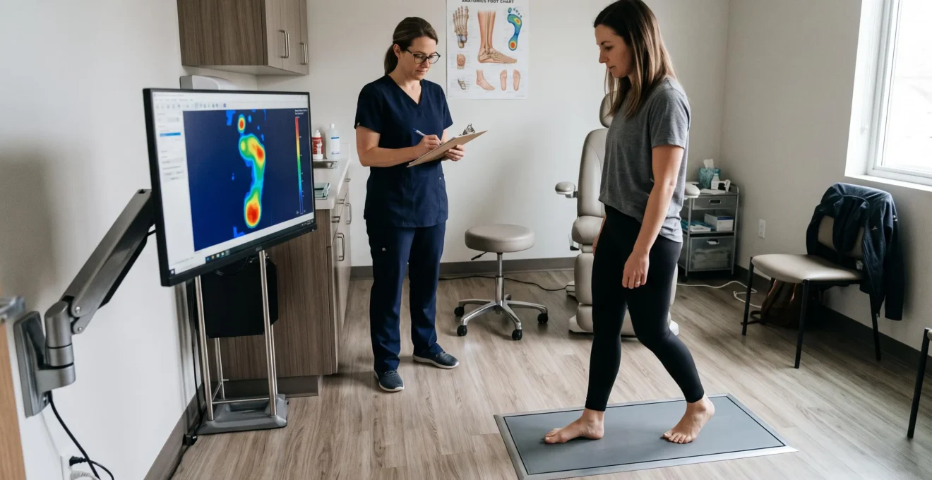 Un podologue observe un patient marchant pieds nus sur une plateforme de pression affichant une cartographie des appuis plantaires sur un écran.