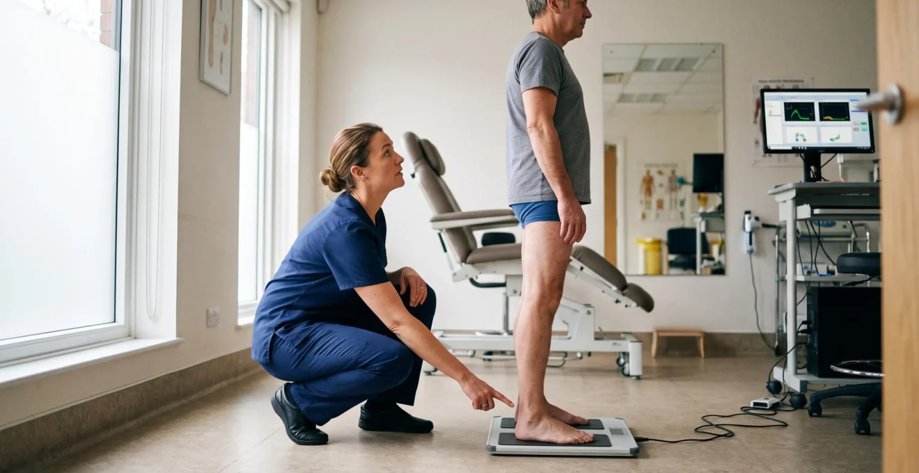 Un podologue observe en consultation la posture debout d'un patient pieds nus sur une plateforme de mesure des appuis plantaires.