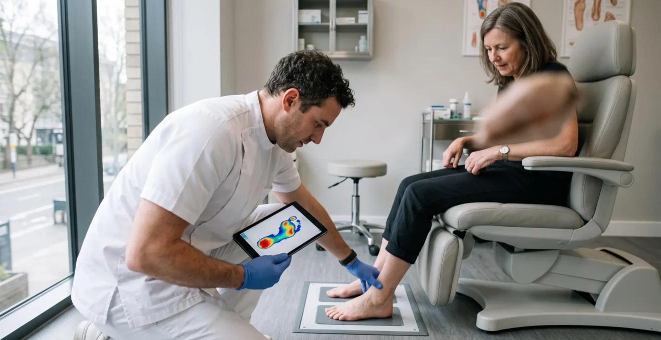 Un podologue analyse les pressions plantaires d'un patient sur une plateforme de mesure lors d'un bilan pour la conception d'une semelle personnalisée.
