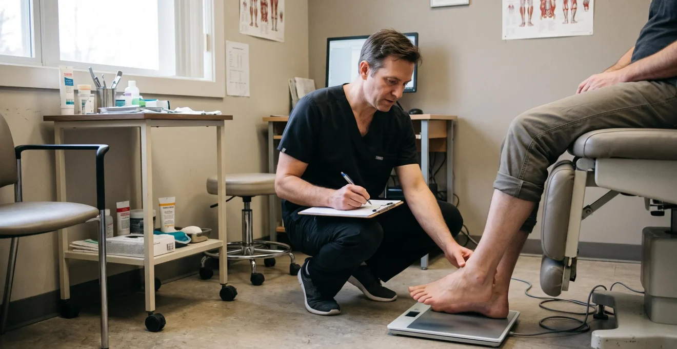 Un podologue examine le pied d'un patient posé sur une plateforme de mesure des appuis dans un cabinet de consultation.