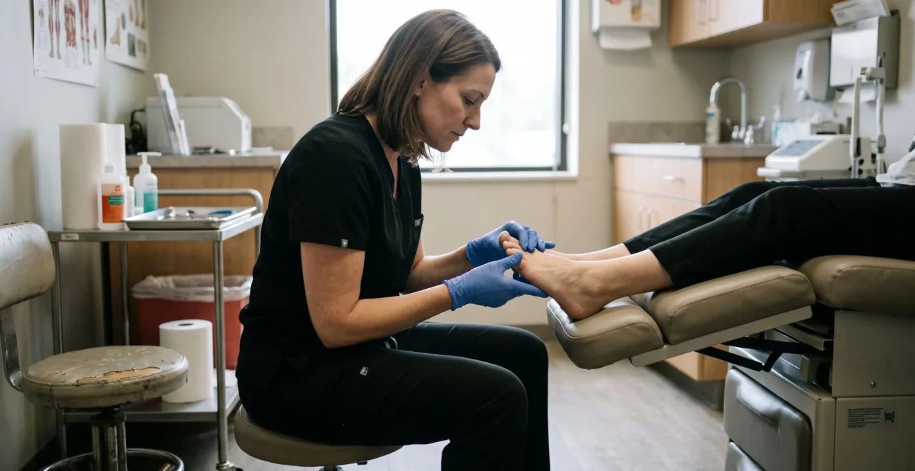 Un pédicure-podologue examine de près le gros orteil d'un patient dont l'ongle très courbé appuie sur la peau des côtés.