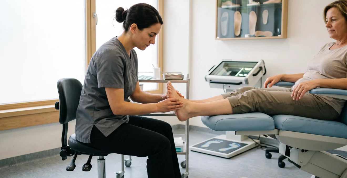 Un podologue palpe la plante du pied d'un patient allongé sur un fauteuil d'examen dans son cabinet, entouré de matériel d'analyse des appuis.