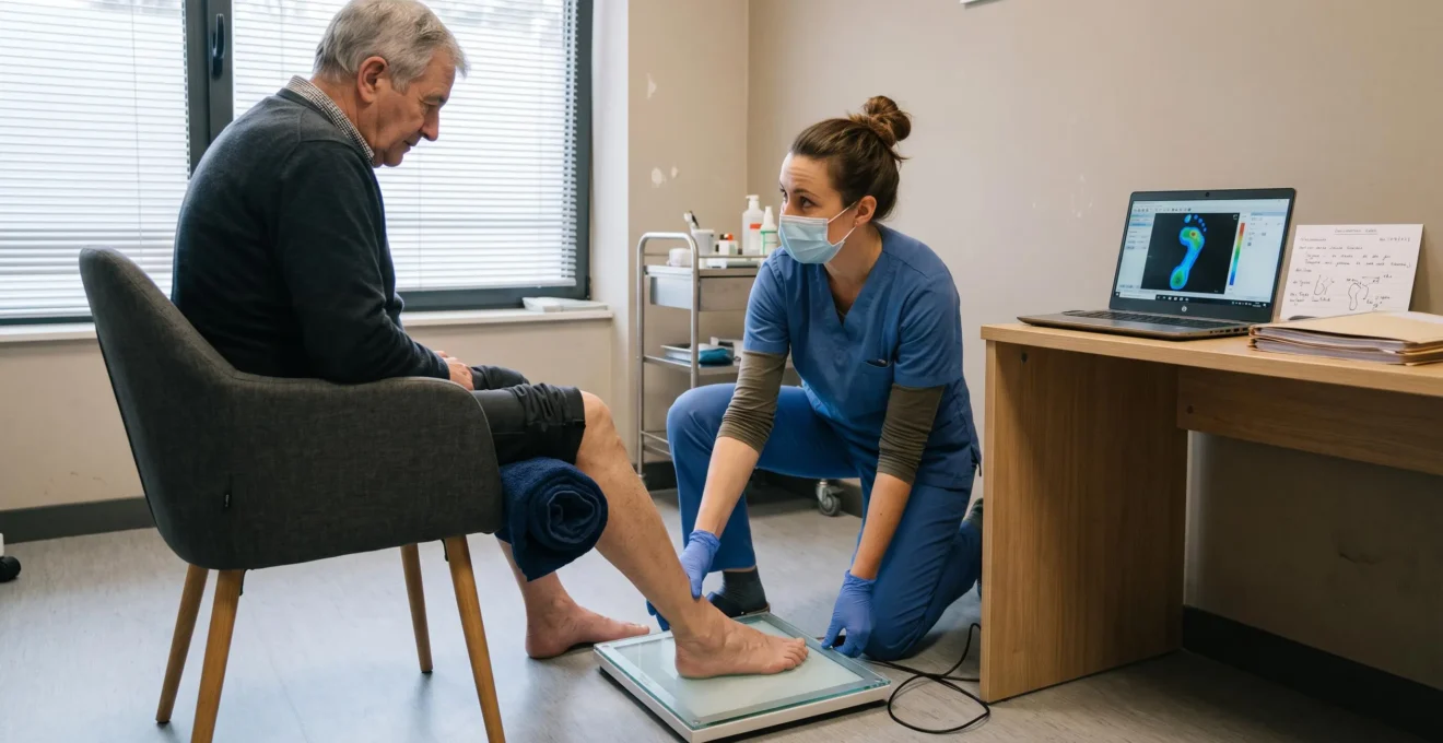 Une podologue examine le pied d'un patient posé sur une plateforme de mesure de pression dans un cabinet.