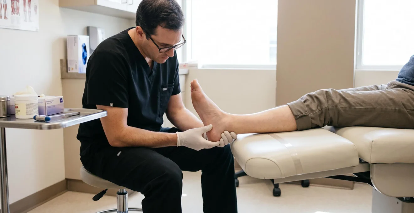 Un podologue examine la plante du pied d'un patient allongé sur un fauteuil d'examen dans un cabinet éclairé par la lumière naturelle.