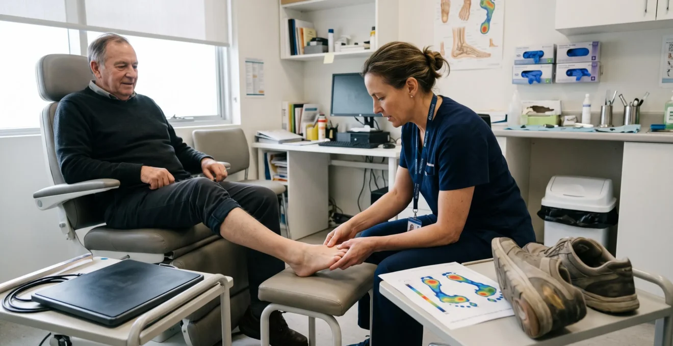 Un podologue examine l'avant-pied d'un patient assis sur un fauteuil d'examen, avec des chaussures retirées et une empreinte plantaire posées sur une table à côté.