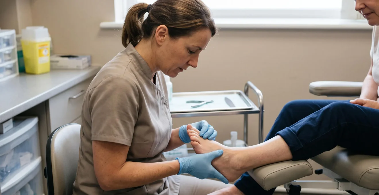 Une podologue examine le bord latéral de l'ongle du gros orteil d'un patient pour évaluer le contact entre l'ongle et la peau.