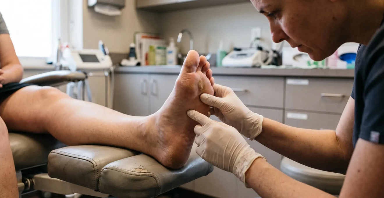 Un pédicure-podologue examine la plante d'un pied d'un patient présentant une zone de corne épaissie sous l'avant-pied, dans un cabinet avec une lumière naturelle douce.