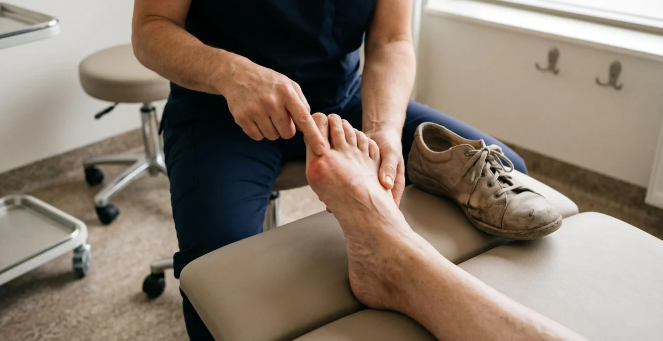 Une podologue examine la saillie osseuse d'un hallux valgus sur le bord interne du pied d'un patient, une chaussure large posée à côté sur la table d'examen.