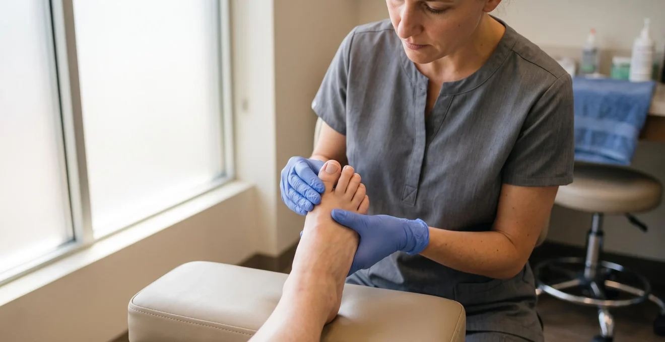 Une podologue tient le gros orteil d'un patient et examine la surface de l'ongle, dont la lunule est visible à la base.