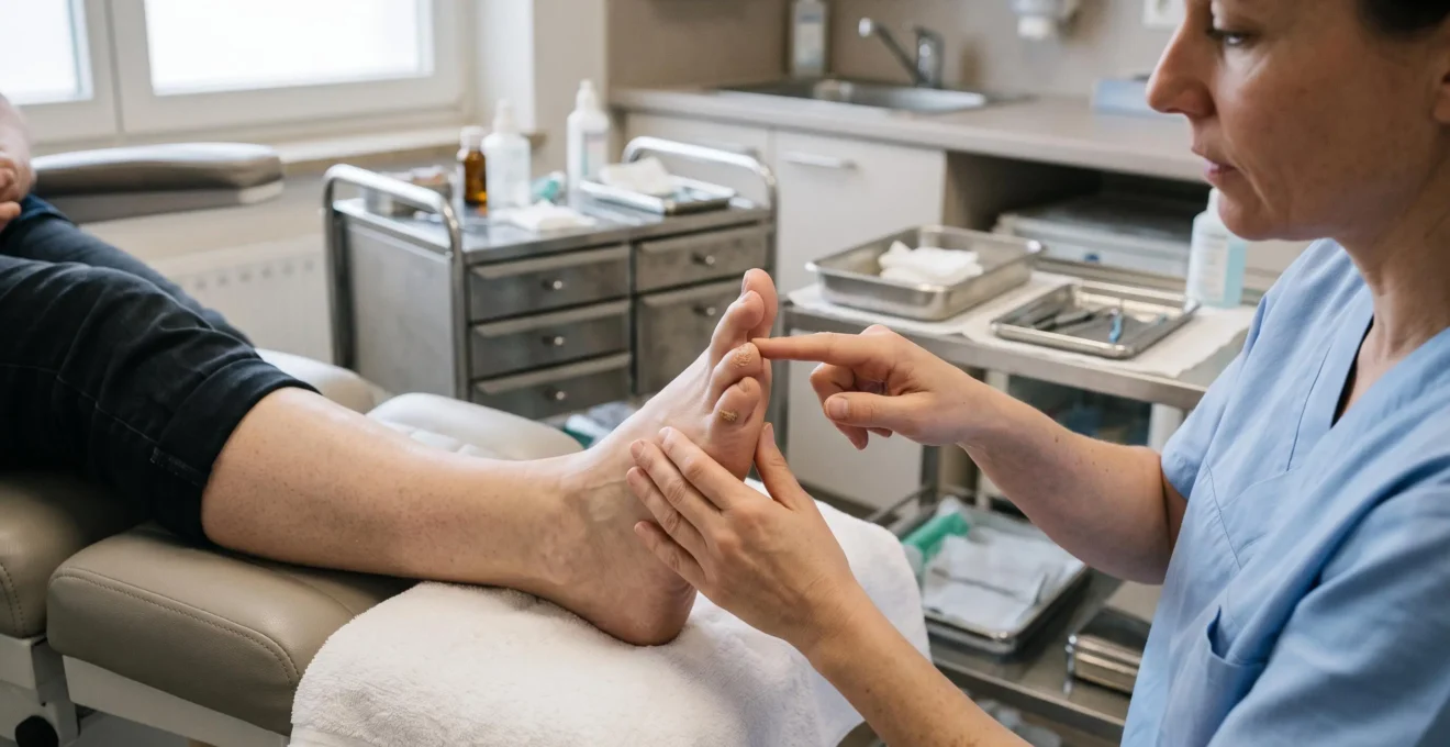 Un pédicure-podologue examine l'avant-pied et les orteils déformés d'un patient allongé sur un fauteuil d'examen.