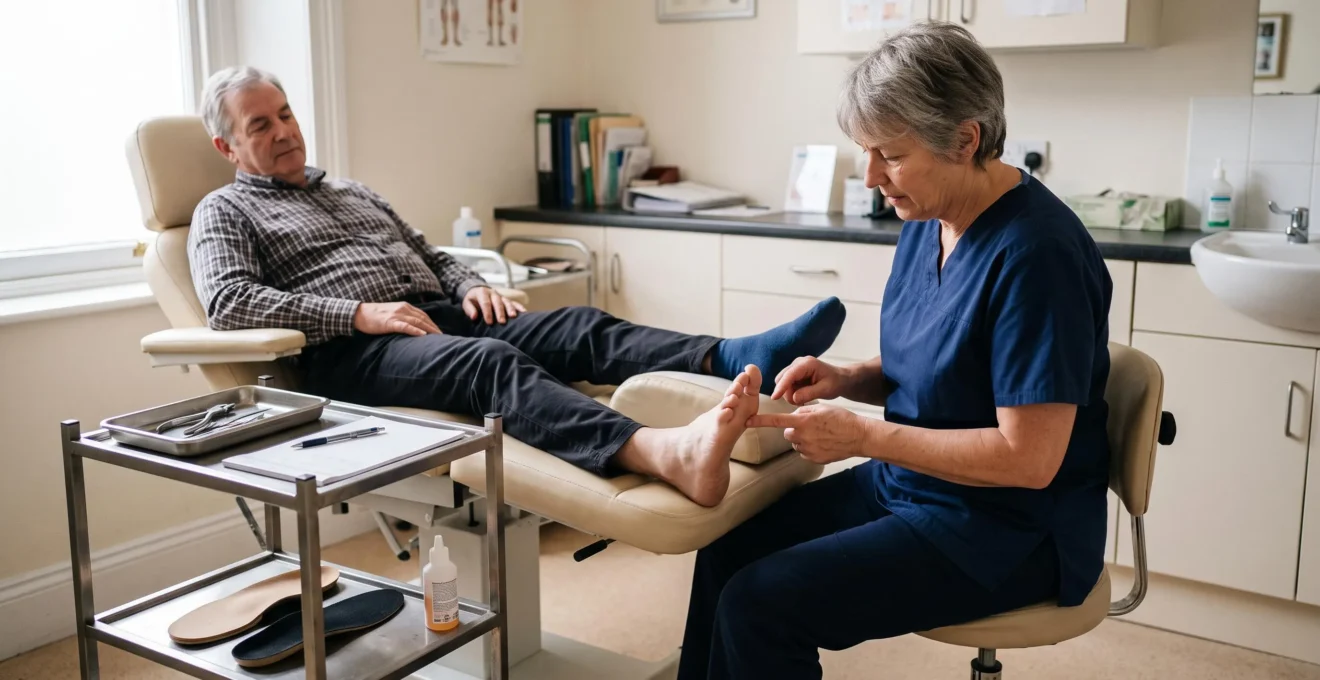 Un podologue examine le pied d'un patient allongé sur un fauteuil de soins dans un cabinet de consultation éclairé par la lumière du jour.