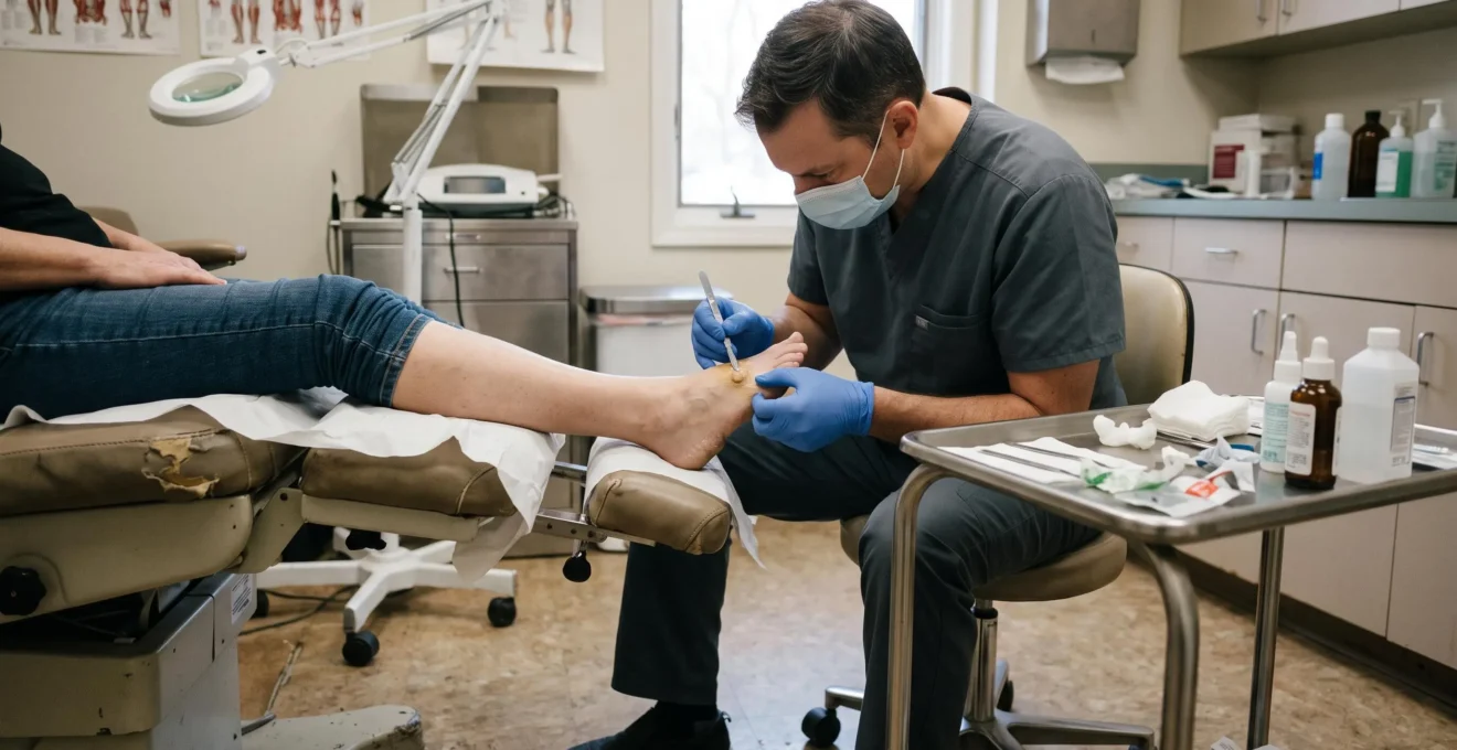 Un podologue réalise une exérèse manuelle d'une lésion plantaire sur le pied d'un patient allongé dans un cabinet de soins.