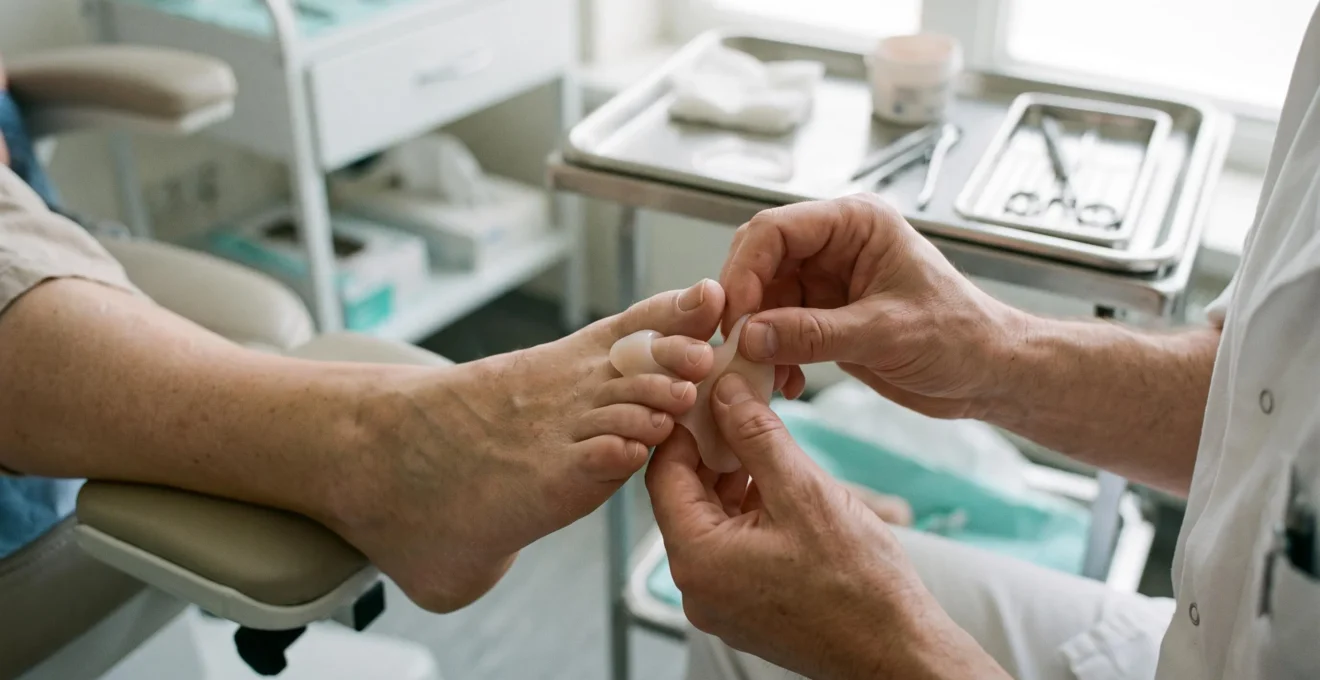 Un podologue modèle une orthoplastie en silicone directement sur l'orteil d'un patient allongé dans un cabinet de podologie.