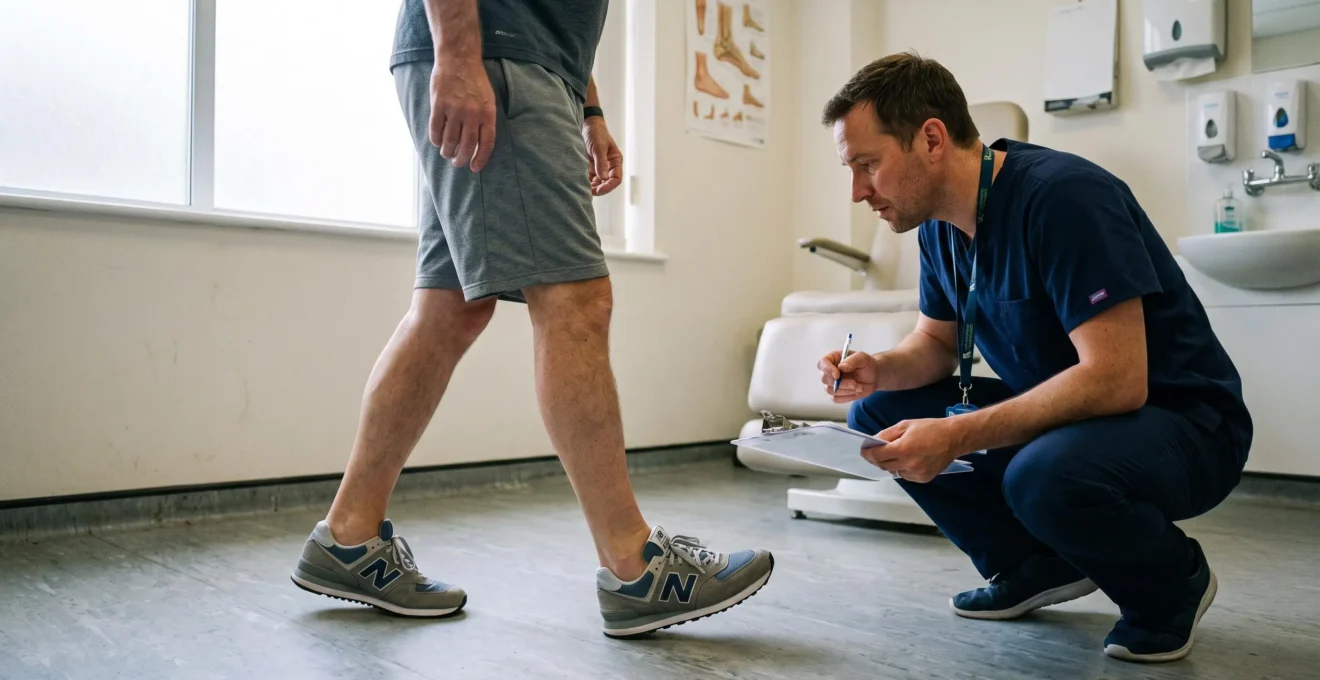 Un podologue observe la marche d'un patient dont le pied entre en contact avec le sol dans une salle d'examen