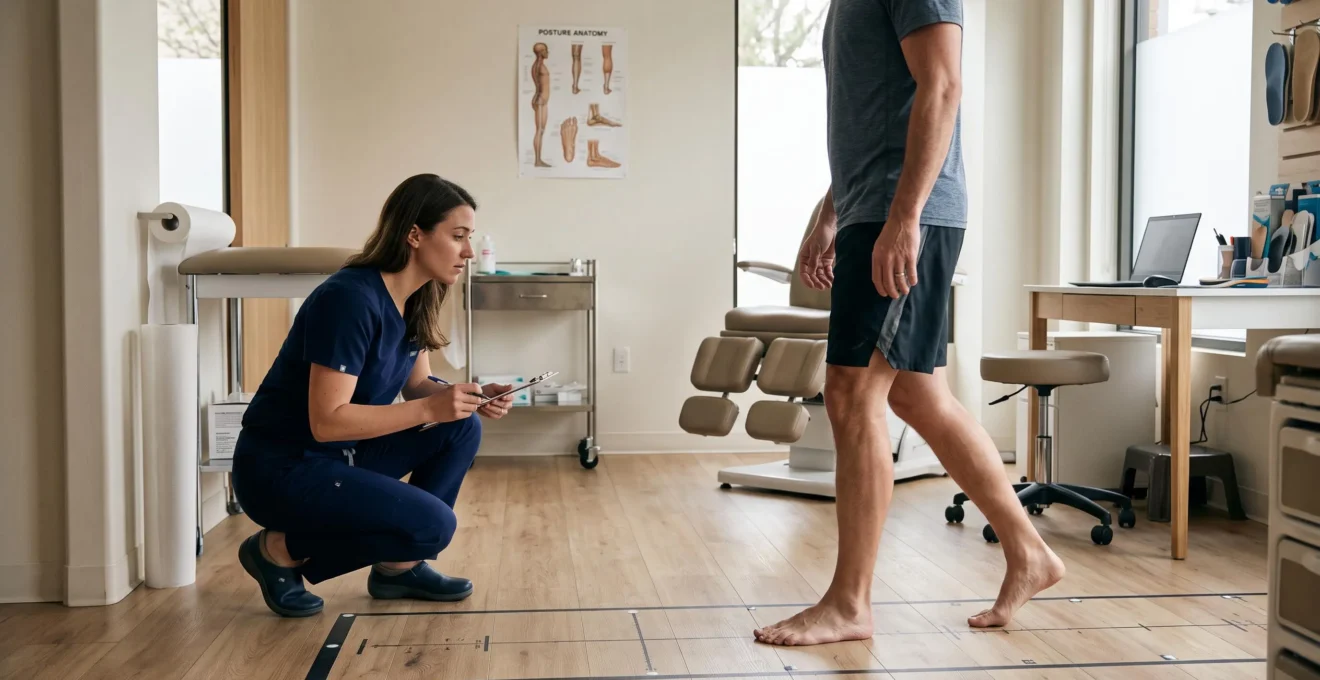 Un podologue observe la marche pieds nus d'un patient dans un cabinet de podologie.