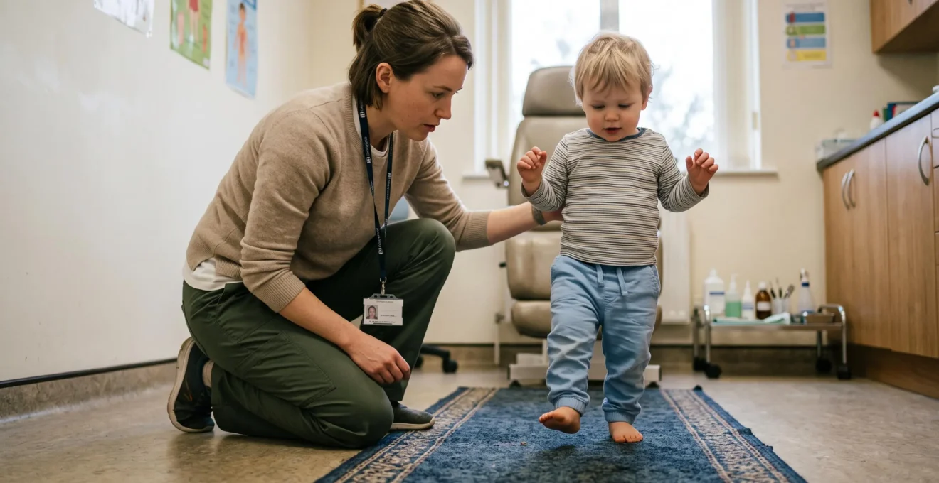 Une podologue observe de près la marche d'un jeune enfant pieds nus dans un cabinet de podologie.