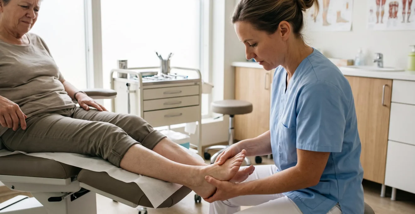 Un podologue exerce une pression sur l'avant-pied d'un patient allongé dans une salle de consultation éclairée par la lumière naturelle.