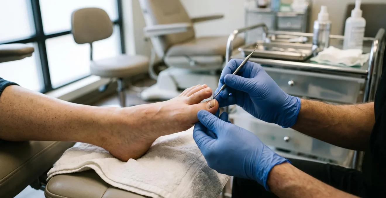 Un podologue ajuste un dispositif correcteur sur le bord de l'ongle d'un patient lors d'une séance d'orthonyxie en cabinet.